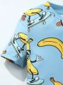 SHEIN 2pcs/Set Casual And Cute Banana & Skateboard Printed Short Sleeve T-Shirt And Shorts Home Wear For Young Boys