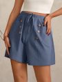 SHEIN LUNE Women'S Solid Color Button Detail Drawstring Waist Shorts