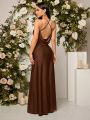 SHEIN Belle Draped Collar Crisscross Backless Satin Bridesmaid Dress