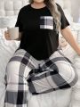 Plus Size Plaid Patchwork Pocket Top & Long Pants Homewear Set