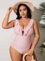 SHEIN Swim Vcay Plus Size One-Shoulder Swimsuit With Ruffles And Cutout Embroidery Detail