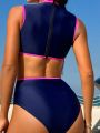 SHEIN Swim SPRTY Colorblock Hollow Out One Piece Swimsuit With Contrast Binding