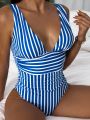 SHEIN Swim Vcay Striped Ruched Plunging One Piece Swimsuit