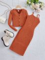 SHEIN Kids Cooltwn Tween Girl Basic Casual Knit Solid Color Cardigan And Spaghetti Strap Dress