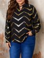 SHEIN Frenchy Large Size Wavy Striped Keyhole Collar Long-sleeved Shirt