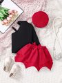 Baby Girls' Asymmetrical Collar Long Sleeve Top And Irregular Hem Skirt Set