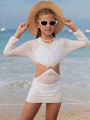 Tween Girl's Basic Swimming Cover-Up With Ring Buckle And Hollow-Out Design