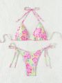 Women's Halter Neck Thin Straps Triangle Bikini Set (prints Random)