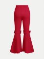 SHEIN Kids FANZEY Tween Girls' Monochrome Skinny Bell-Bottom Pants With Bowknot Detail