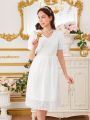 Teen Girl'S Puff Short Sleeve Dress With Button Decoration, Eyelet Embroidery