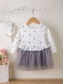 Baby Girls' Polka Dot Pattern Cute And Sweet Long Sleeve Mesh Spliced Dress For Autumn And Winter