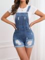 SHEIN Privé Ripped Roll Up Hem Denim Overall Romper Without Tee