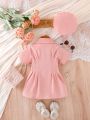 Baby Girl Sweet Double-Breasted Short Sleeve Suit Dress With Hat For Summer