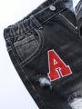 Boys' Embroidered Distressed Slim Fit Black Denim Shorts, For Tween Ages