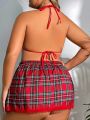 Classic Sexy Plus Size Plaid Printed Sexy Role Play Costume 2pcs/set