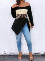 SHEIN LUNE Plus Size Leopard Print Colorblock Asymmetrical Hem Off Shoulder T-shirt