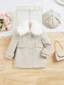 SHEIN Baby Girls' Casual Woolen Coat With Collar, Hat Set, Mid-length Outwear