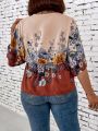 Plus Size Wrap Neck Floral Printed Blouse