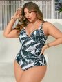 SHEIN Swim Vcay Women's Plus Size Tropical Print V-neck One Piece Swimsuit