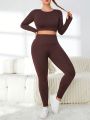 Yoga Basic Plus Size Solid Color Long-Sleeved Top And Trousers Sports Suit