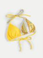 SHEIN Swim Vcay Plus Size Women's Floral Print Halter Neck Tie Swimsuit Top With Color Block Design