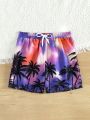 Teenage Boys' Coconut Tree Pattern Drawstring Swim Shorts