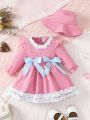 Baby Girl Ruffle Trim Flounce Sleeve Bow Front Dress & Hat