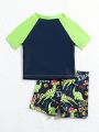 Baby Boy Cartoon Dinosaur Print Color Block Short Sleeve T-Shirt, Shorts And Swimwear Set