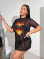 SHEIN Swim Y2GLAM Plus Size Mesh Top With Stand Collar, Heart & Flame Print Design