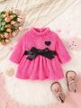 SHEIN Baby Girl Heart Embroidery Mock Neck Belted Teddy Dress