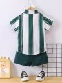 SHEIN Toddler Boys' Striped Color Block Shirt And Shorts Two-Piece Set