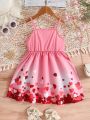 SHEIN Kids EVRYDAY Toddler Girls' Heart Print Dress With Bowknot Decoration And Shoulder Straps