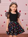 SHEIN Kids CHARMNG Toddler Girls 1set Contrast Mesh Puff Sleeve Tee & Heart Print Skirt