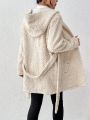 SHEIN Frenchy Solid Color Hooded Furry Mid-length Coat With Pockets