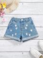 Young Girl Elastic Waist Denim Shorts With Floral Embroidery