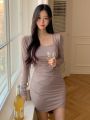 DAZY Kpop Women's Square Neck Long Sleeve Pleated Dress