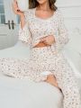 Ditsy Floral Print Lace Trim PJ Set