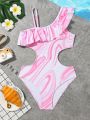 Tween Girl Marble Pattern Cut Out Ruffle Trim One Piece Swimsuit