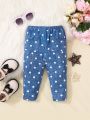 SHEIN Baby Girl Casual Faux Denim Polka Dot Print Elastic Waist Trousers