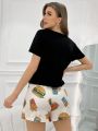 Women's Cute Cartoon Hamburger Print Pajama Set