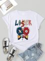 Large Size Cartoon And Text Graphic T-shirt