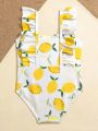 Baby Girl Lemon Print Bow Front Ruffle Trim One Piece Swimsuit