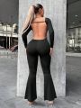 SHEIN SXY Solid Backless Flare Leg Jumpsuit