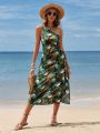 SHEIN VCAY Women's Tropical Print Asymmetric Collar High Slit Maxi Dress