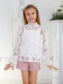 SHEIN Kids FANZEY Tween Girls' Stand Collar Lace Long Sleeve Shirt With Spaghetti Strap Inner Top, 2pcs/Set