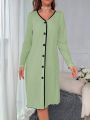 Contrast Binding Button Front Lettuce Trim Robe