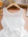 Tween Girls' Sweet White Mesh Dress With Heart Print For Summer