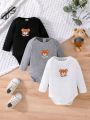 3pcs/Set Infant Boys' Long Sleeve Bodysuit In Cute Bear Print And Hat Combo