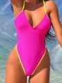 SHEIN Swim SPRTY Women'S One-Piece Swimsuit With Trimmed Shoulder Straps