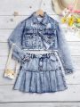 Tween Girl Denim Jacket With Frayed Hem And Pleated Skirt Set